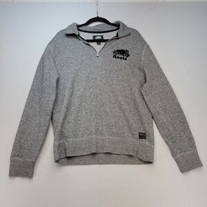 Roots Quarter Zip Pullover Mens Large Gray Salt Pepper Fleece Beaver Logo